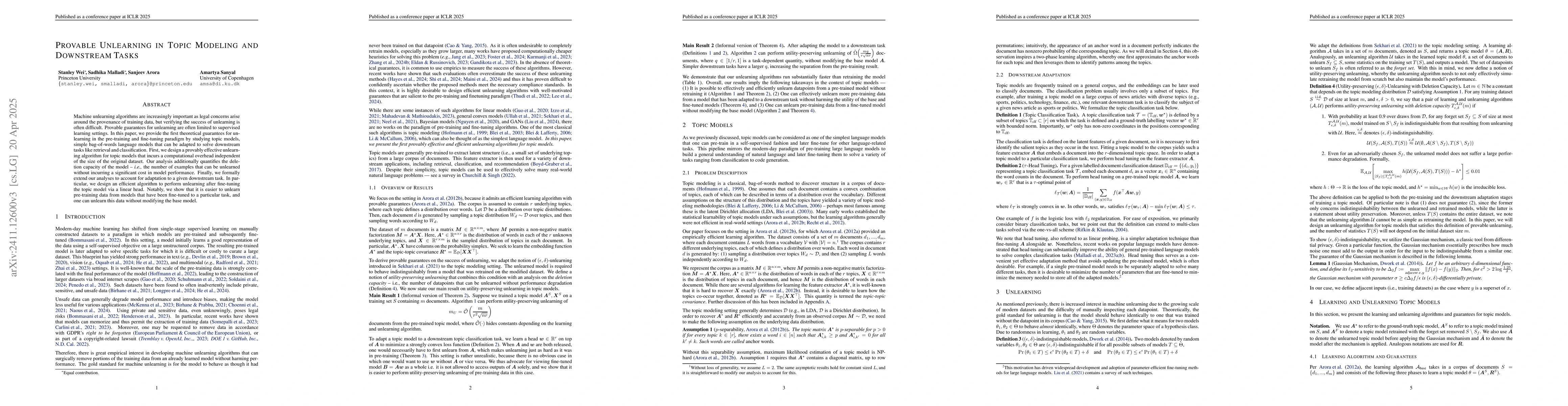 Thumbnail for Provable unlearning in topic modeling and downstream tasks