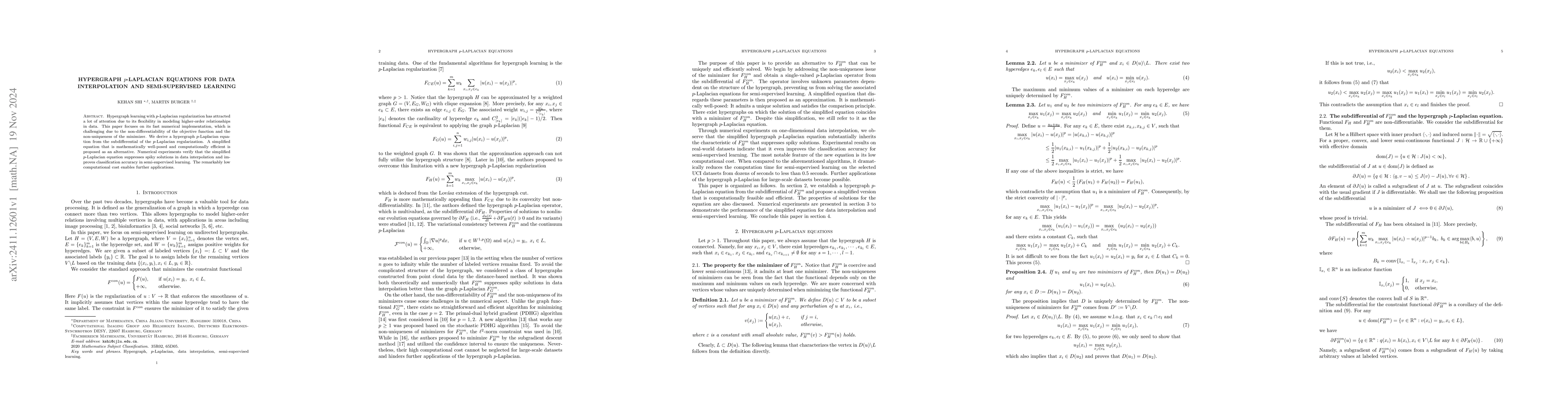 Thumbnail for Hypergraph $p$-Laplacian equations for data interpolation and
  semi-supervised learning