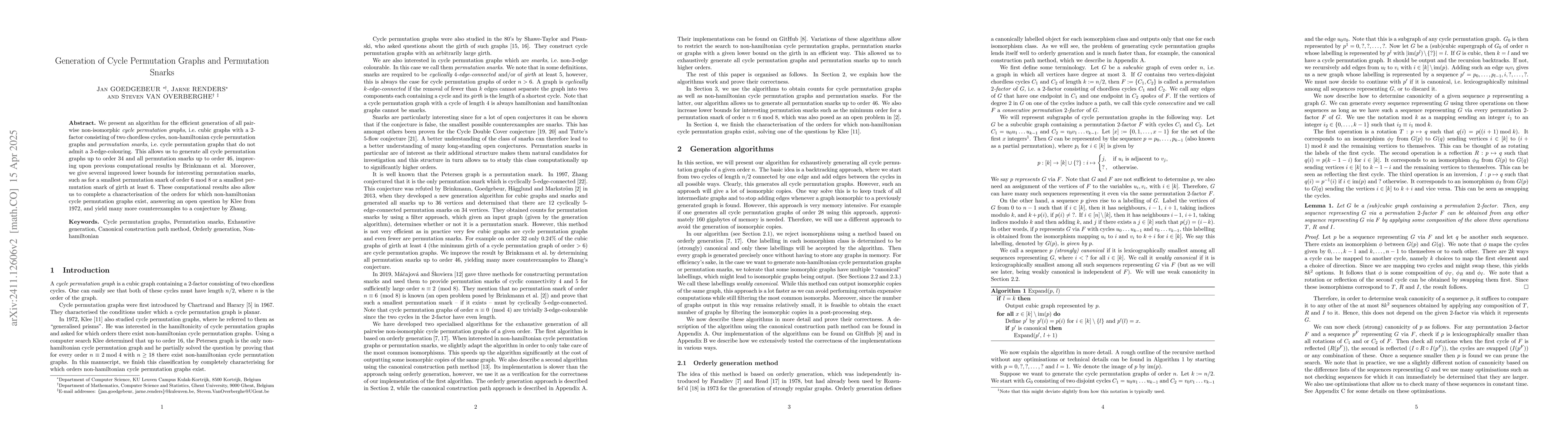 Thumbnail for Generation of Cycle Permutation Graphs and Permutation Snarks