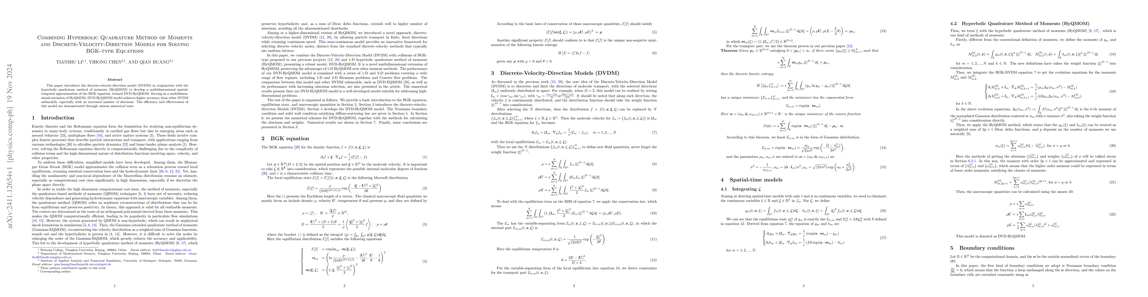 Thumbnail for Combining Hyperbolic Quadrature Method of Moments and
  Discrete-Velocity-Direction Models for Solving BGK-type Equations