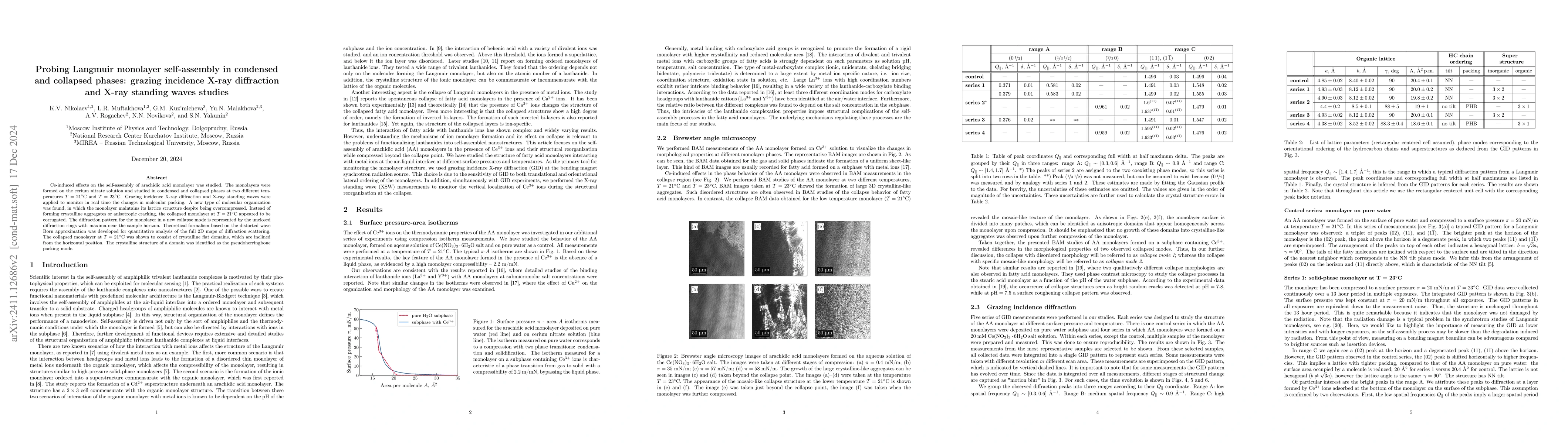 Thumbnail for Probing Langmuir monolayer self-assembly in condensed and collapsed
  phases: grazing incidence X-ray diffraction and X-ray standing waves studies