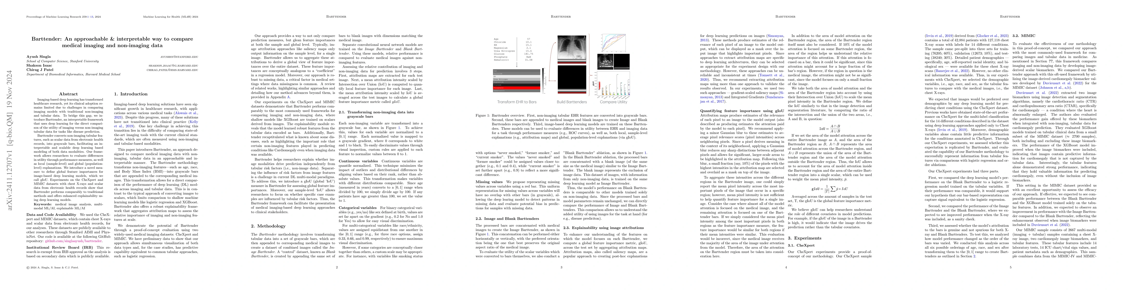 Thumbnail for Barttender: An approachable & interpretable way to compare medical
  imaging and non-imaging data