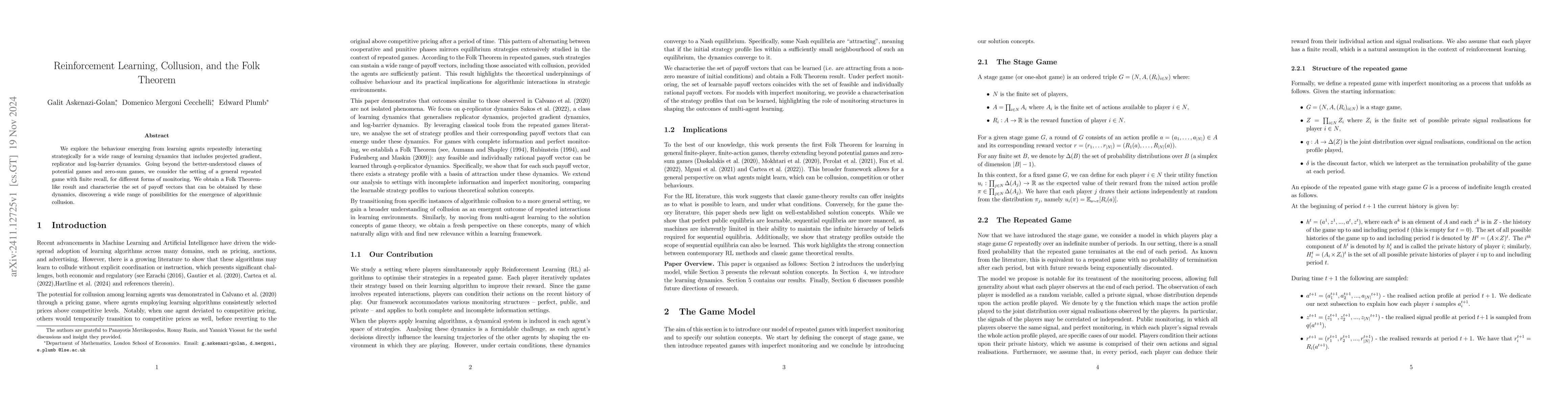 Thumbnail for Reinforcement Learning, Collusion, and the Folk Theorem