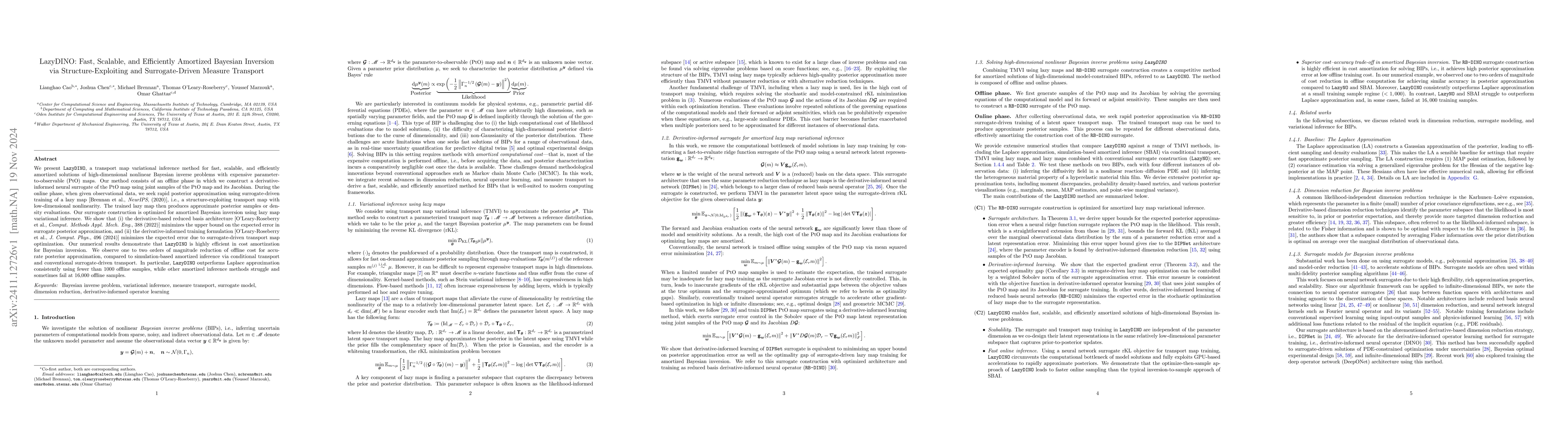 Thumbnail for LazyDINO: Fast, scalable, and efficiently amortized Bayesian inversion
  via structure-exploiting and surrogate-driven measure transport