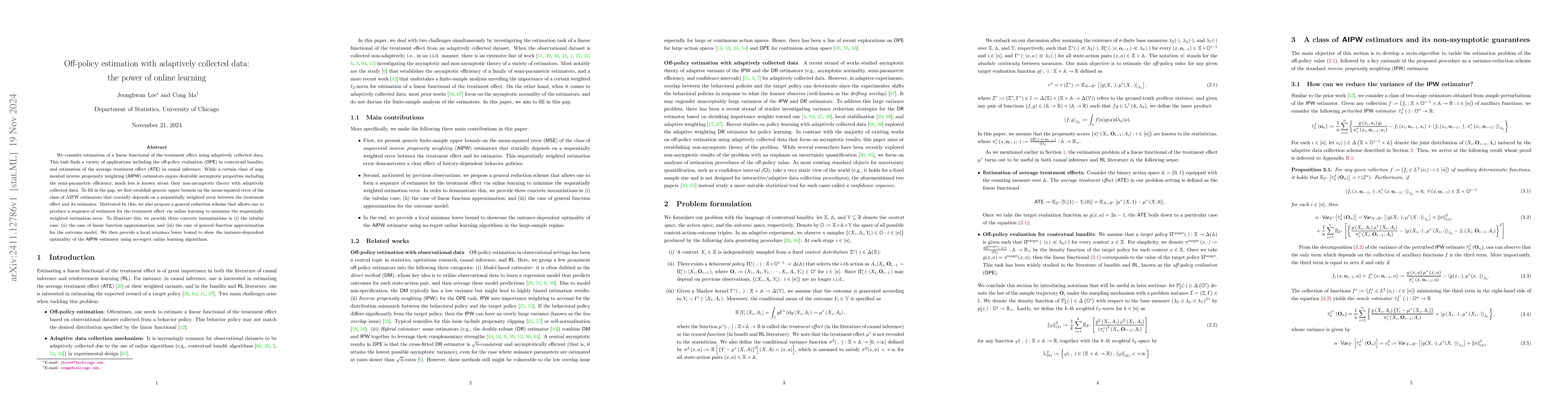 Thumbnail for Off-policy estimation with adaptively collected data: the power of
  online learning