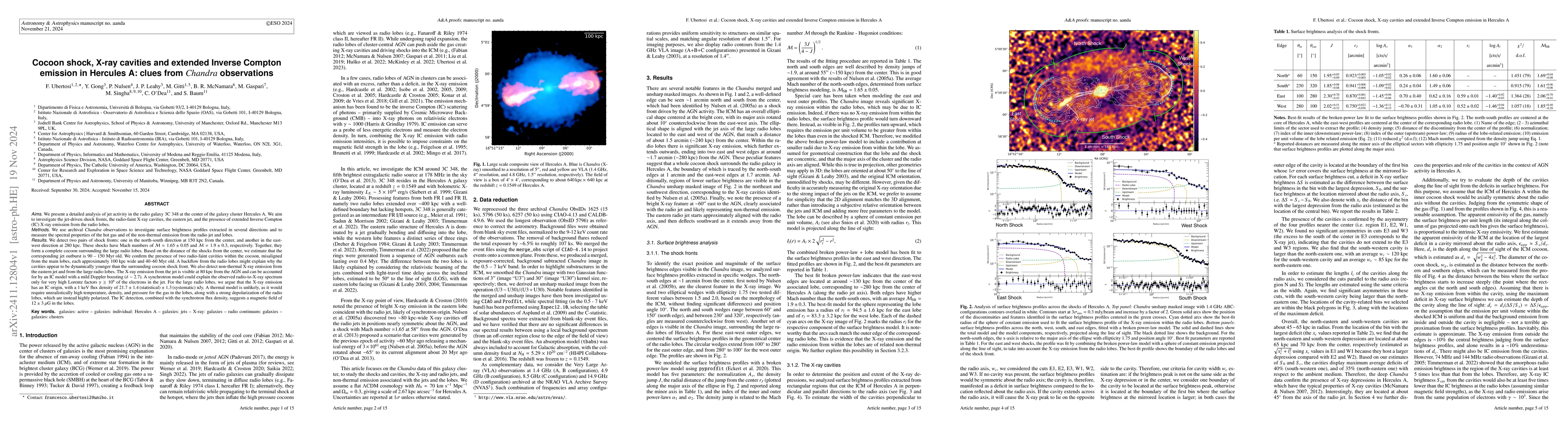 Thumbnail for Cocoon shock, X-ray cavities and extended Inverse Compton emission in
  Hercules A: clues from Chandra observations