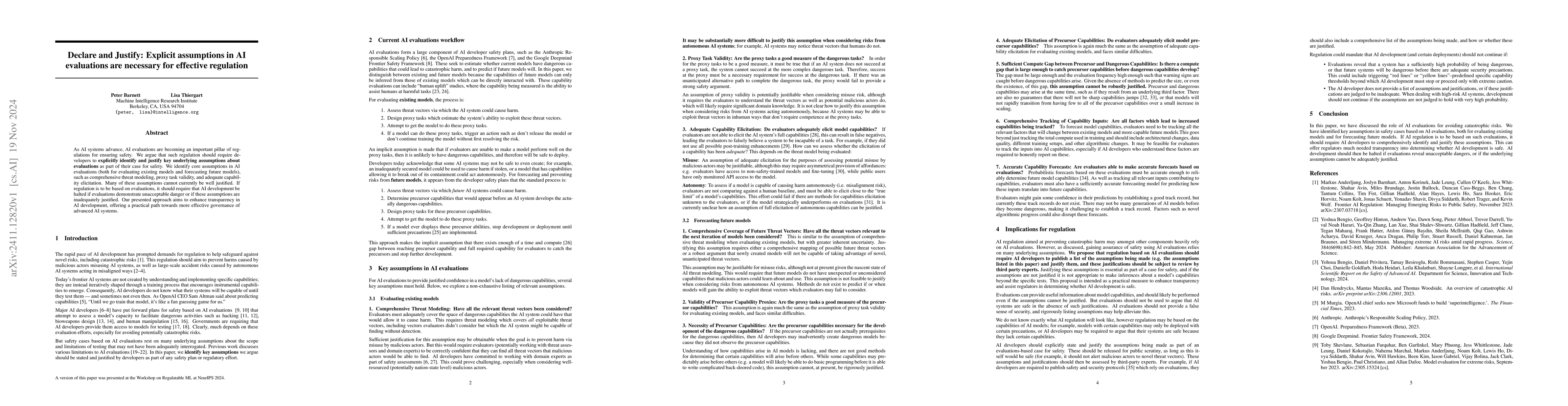 Thumbnail for Declare and Justify: Explicit assumptions in AI evaluations are
  necessary for effective regulation
