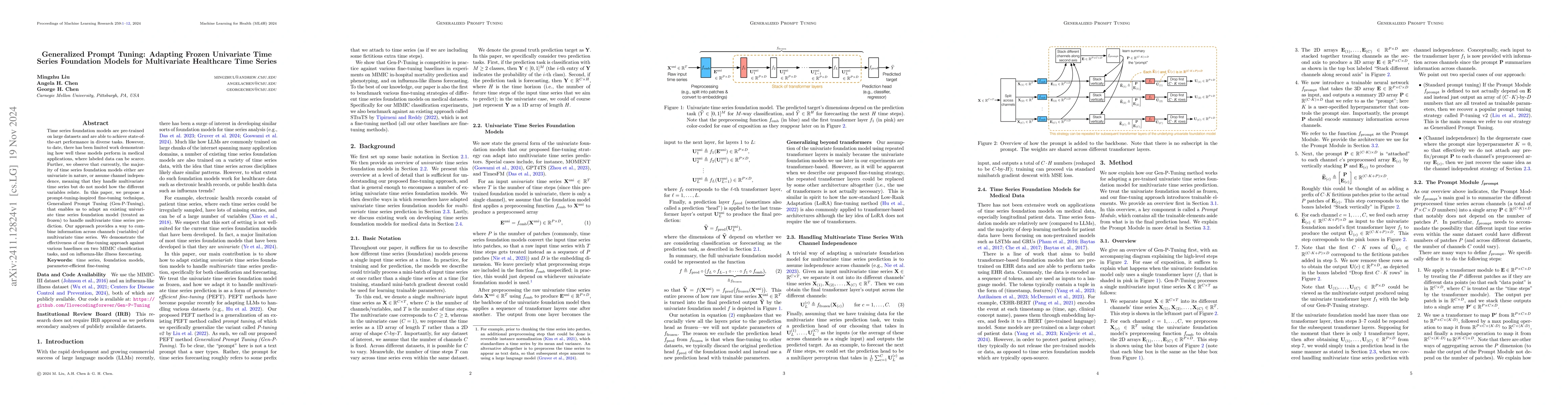 Thumbnail for Generalized Prompt Tuning: Adapting Frozen Univariate Time Series
  Foundation Models for Multivariate Healthcare Time Series