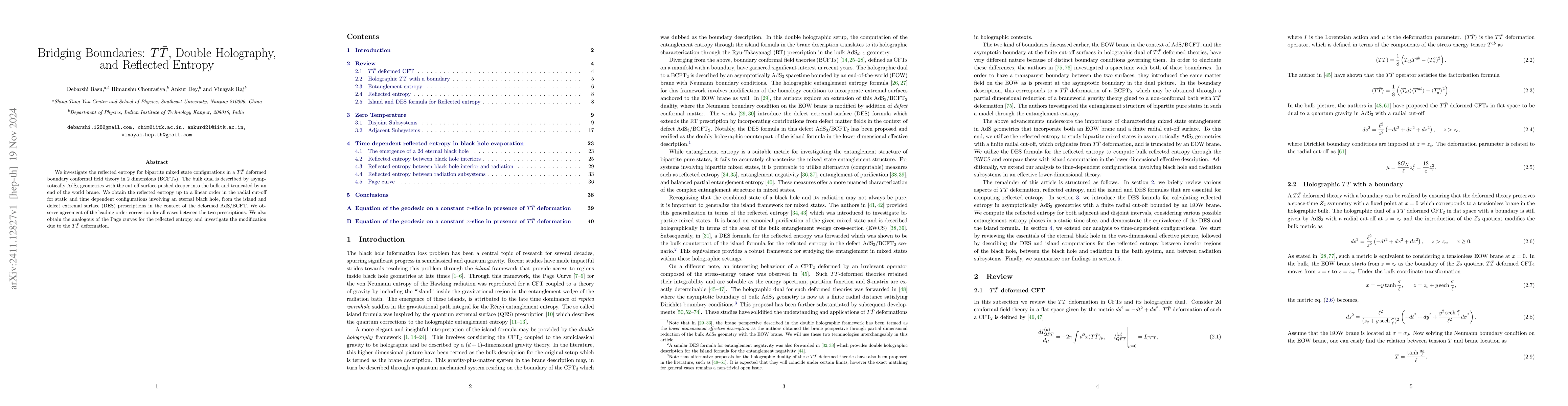 Thumbnail for Bridging Boundaries: $T\bar{T}$, Double Holography, and Reflected
  Entropy