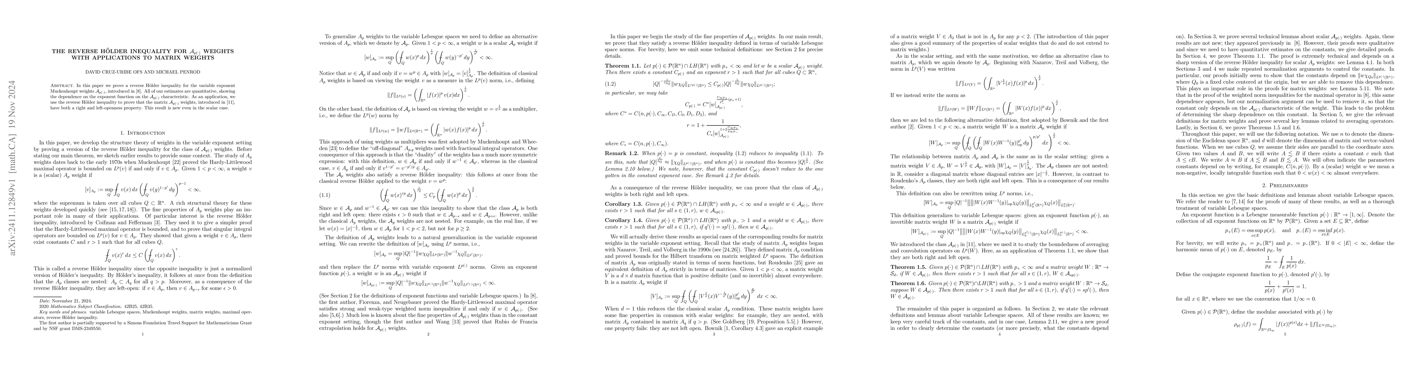 Thumbnail for The reverse Hölder inequality for $\mathcal{A}_{p(\cdot)}$ weights
  with applications to matrix weights