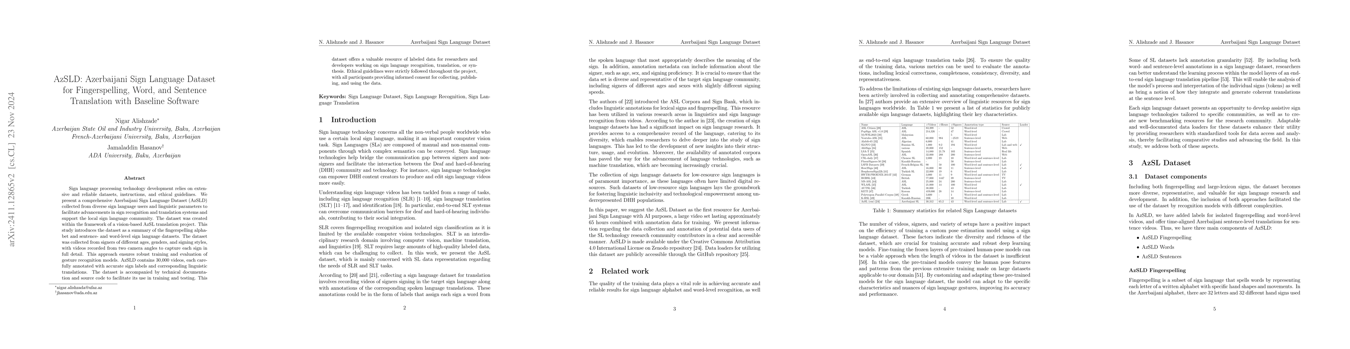 Thumbnail for AzSLD: Azerbaijani Sign Language Dataset for Fingerspelling, Word, and
  Sentence Translation with Baseline Software