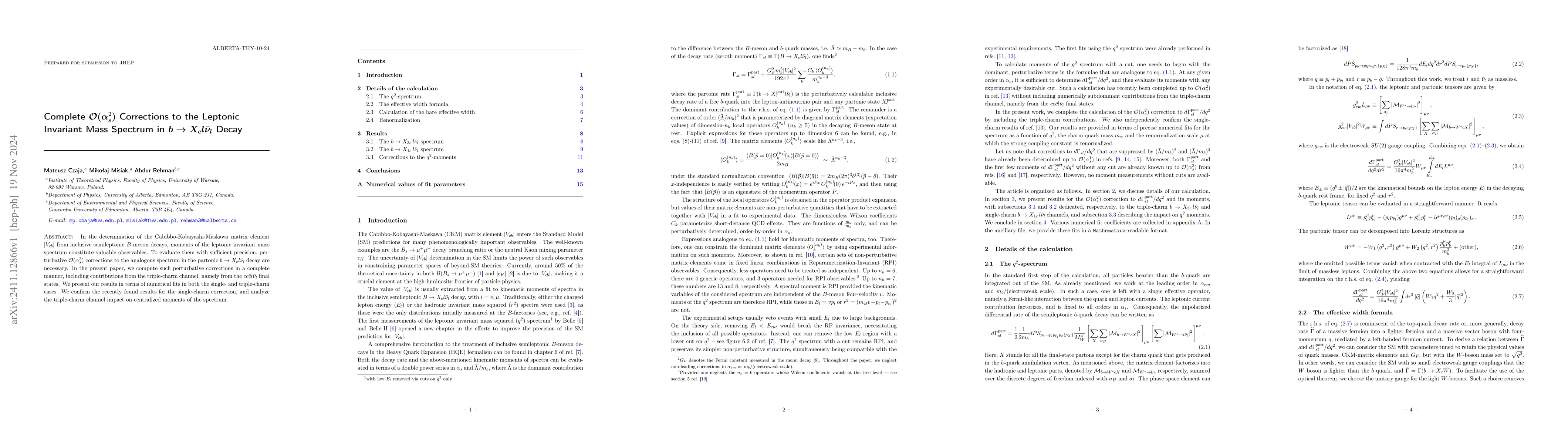 Thumbnail for Complete $\mathcal{O}(α_s^2)$ Corrections to the Leptonic Invariant
  Mass Spectrum in $b\to X_c l\barν_l$ Decay