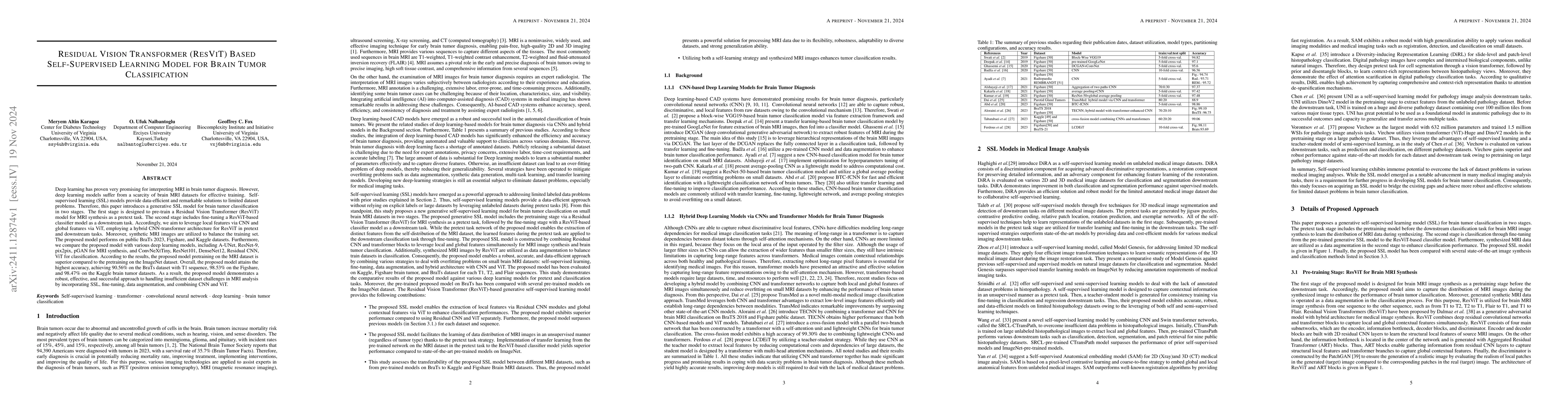 Thumbnail for Residual Vision Transformer (ResViT) Based Self-Supervised Learning
  Model for Brain Tumor Classification
