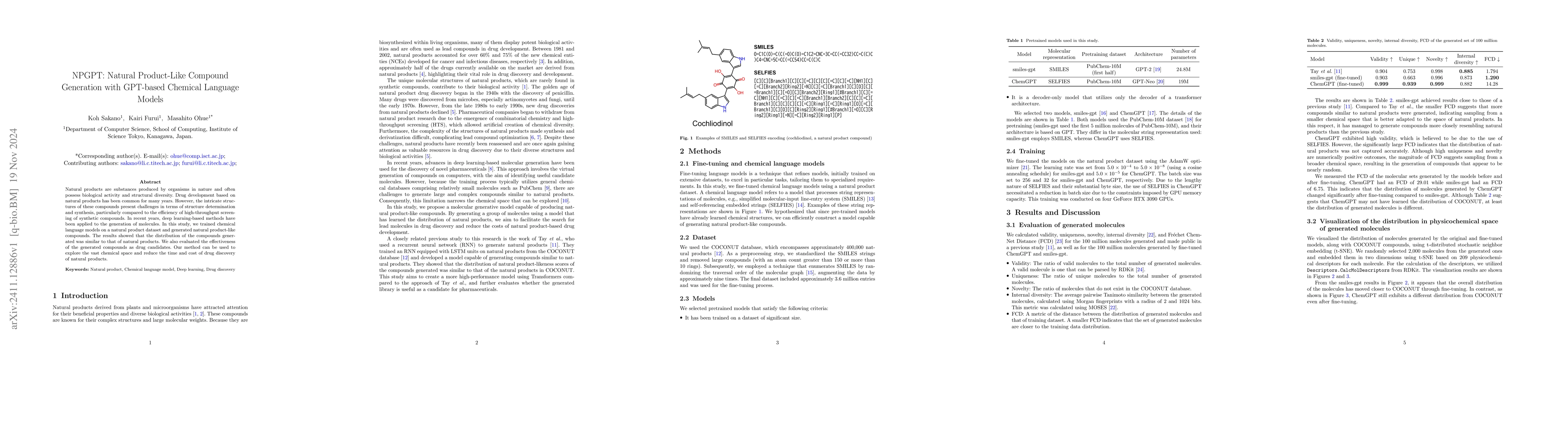 Thumbnail for NPGPT: Natural Product-Like Compound Generation with GPT-based Chemical
  Language Models