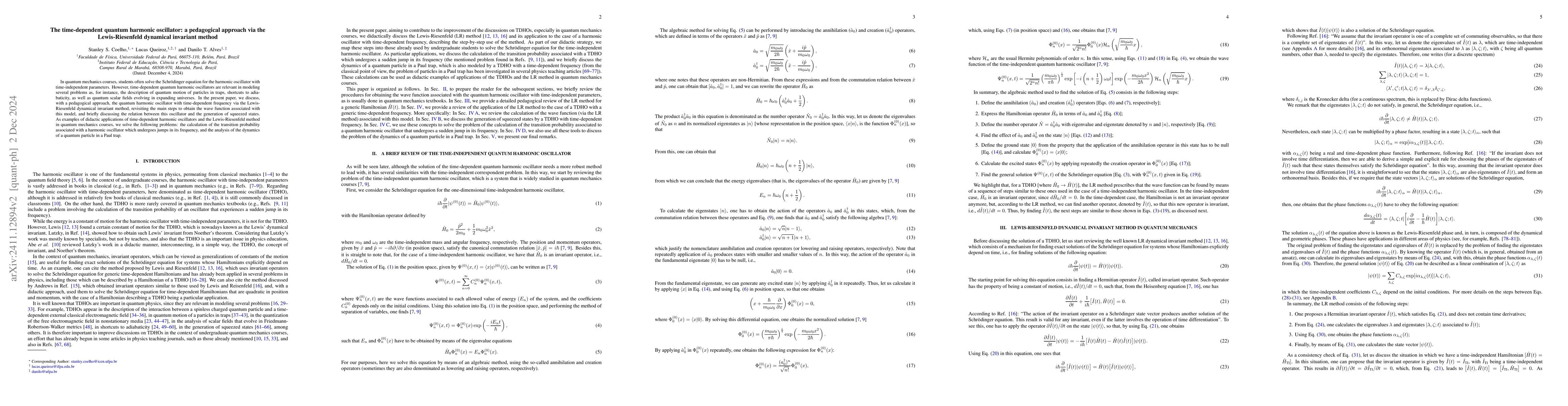 Thumbnail for The time-dependent quantum harmonic oscillator: a pedagogical approach
  via the Lewis-Riesenfeld dynamical invariant method