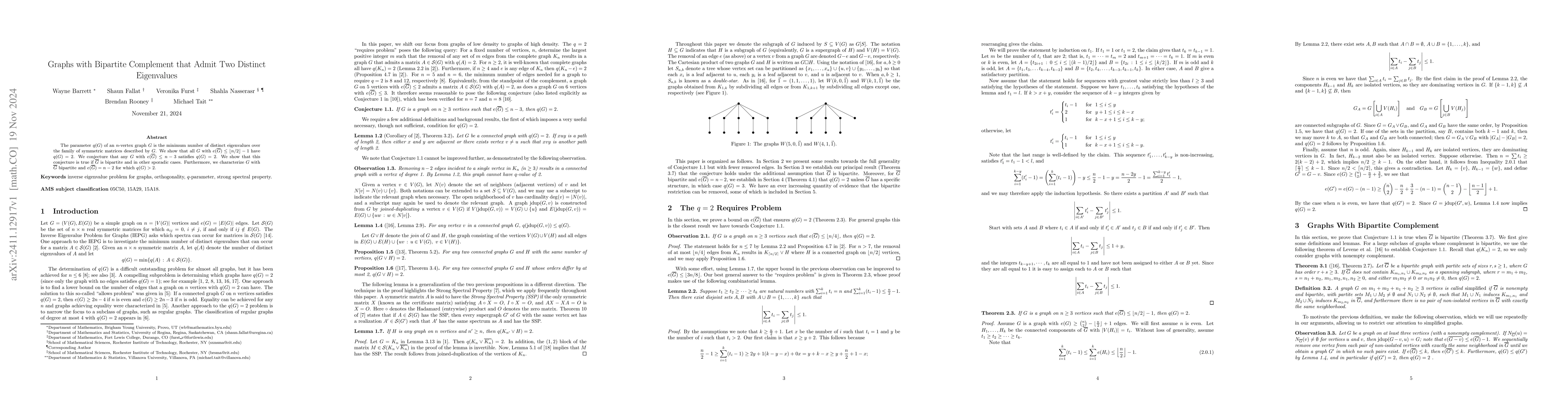 Thumbnail for Graphs with Bipartite Complement that Admit Two Distinct Eigenvalues