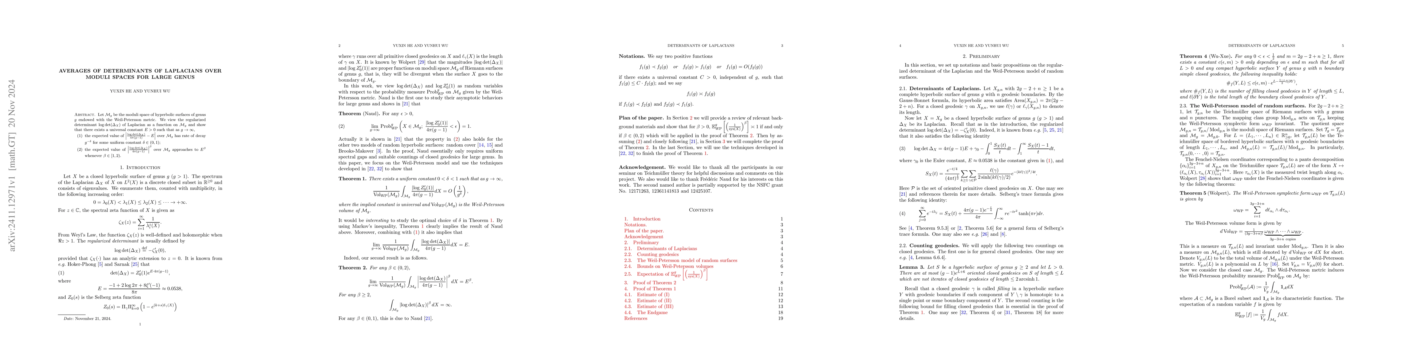 Thumbnail for Averages of determinants of Laplacians over moduli spaces for large
  genus
