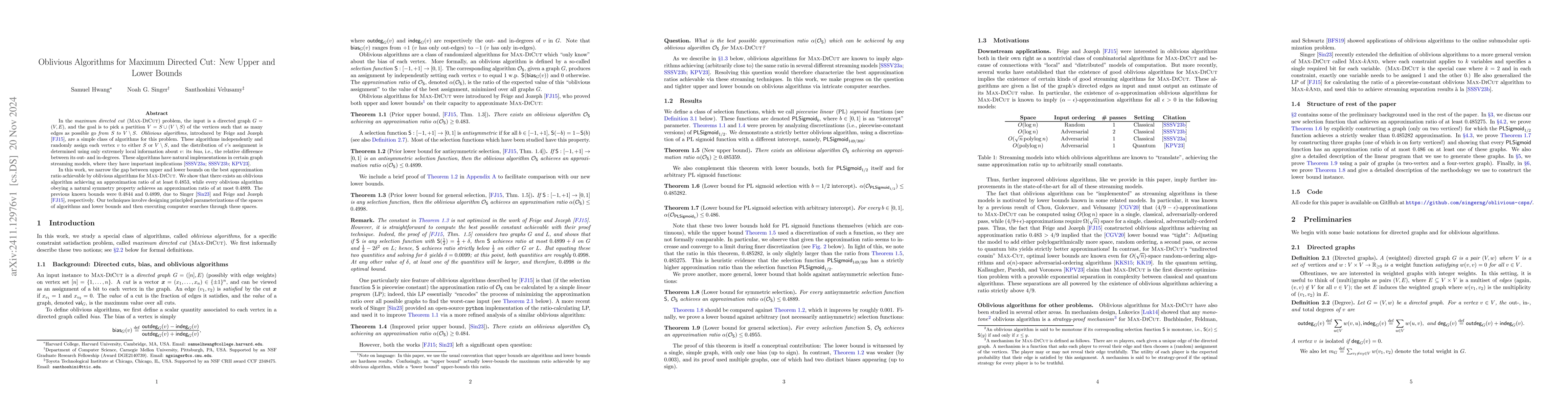 Thumbnail for Oblivious Algorithms for Maximum Directed Cut: New Upper and Lower
  Bounds