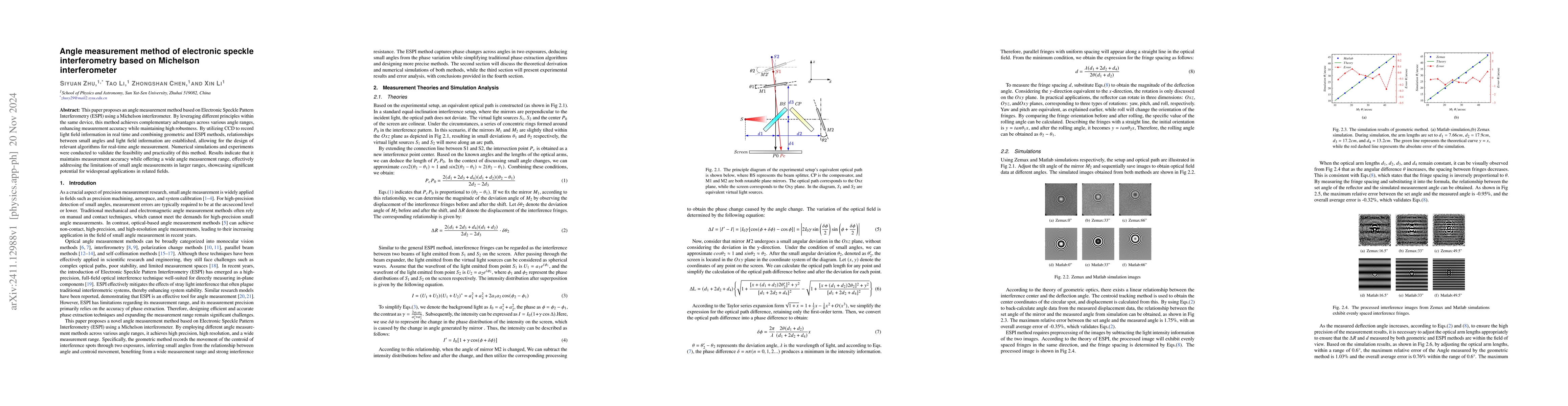 Thumbnail for Angle measurement method of electronic speckle interferometry based on
  Michelson interferometer