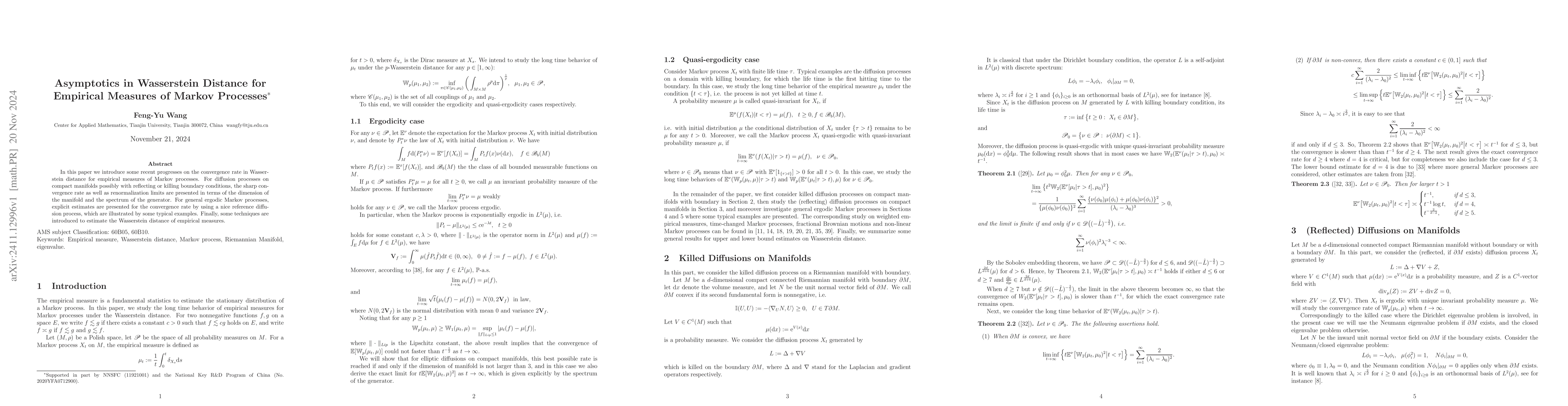 Thumbnail for Asymptotics in Wasserstein Distance for Empirical Measures of Markov
  Processes