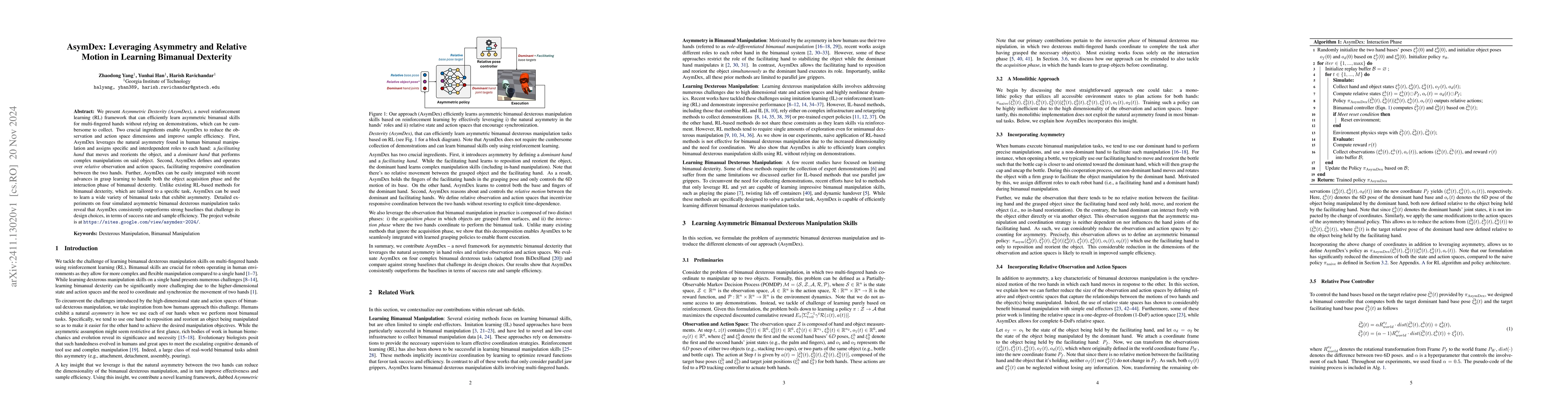 Thumbnail for AsymDex: Leveraging Asymmetry and Relative Motion in Learning Bimanual
  Dexterity