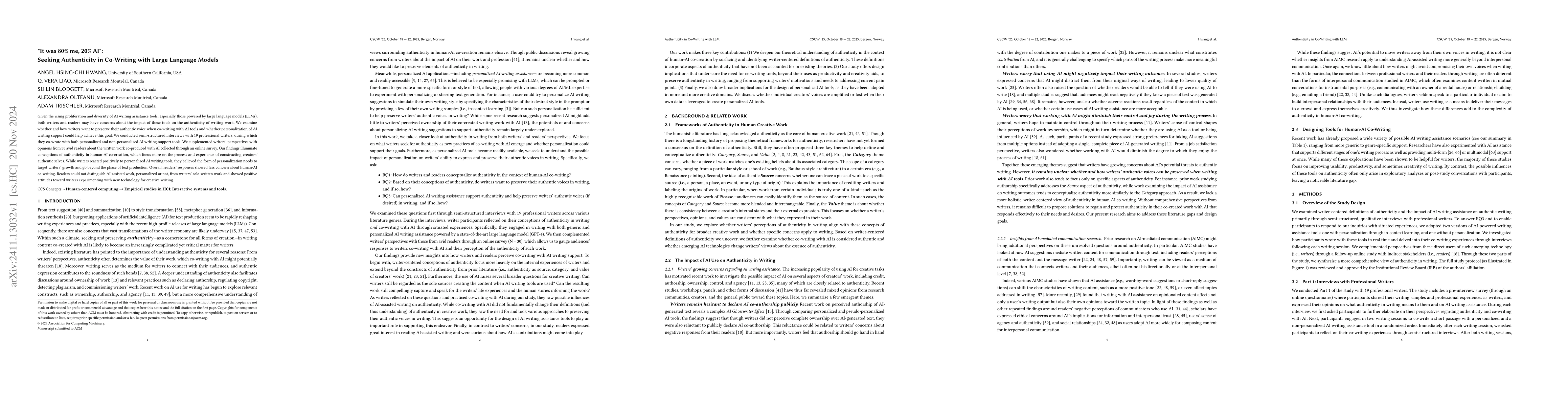 Thumbnail for "It was 80% me, 20% AI": Seeking Authenticity in Co-Writing with Large
  Language Models