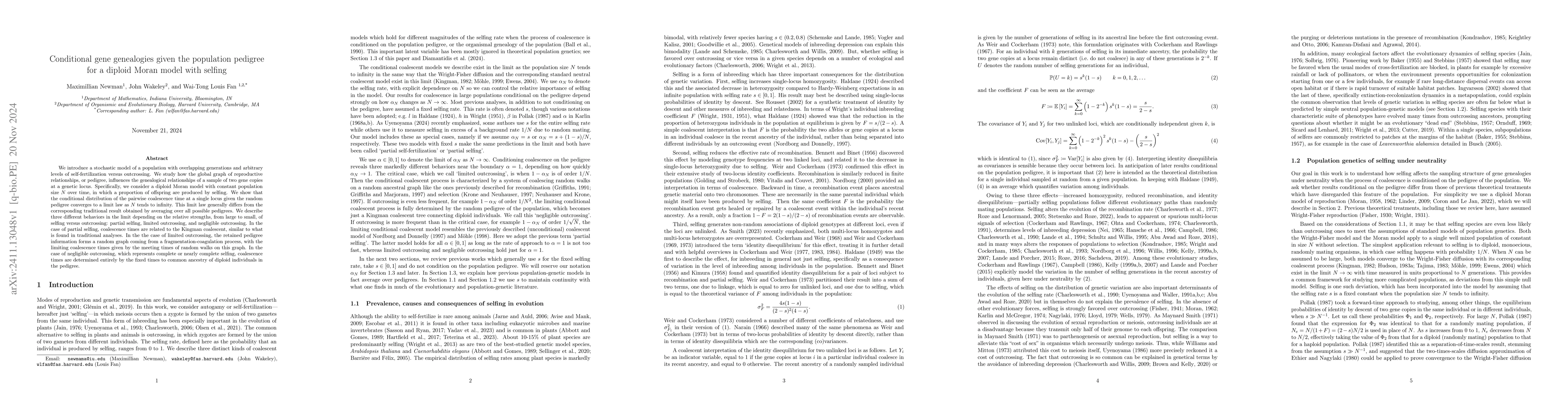 Thumbnail for Conditional gene genealogies given the population pedigree for a diploid
  Moran model with selfing