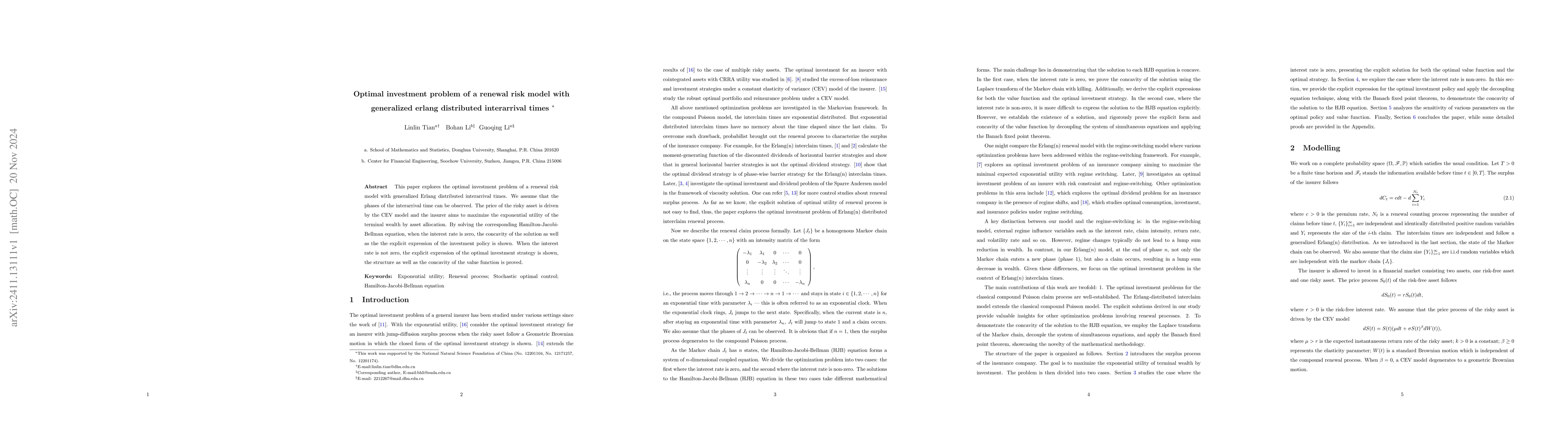 Thumbnail for Optimal investment problem of a renewal risk model with generalized
  erlang distributed interarrival times