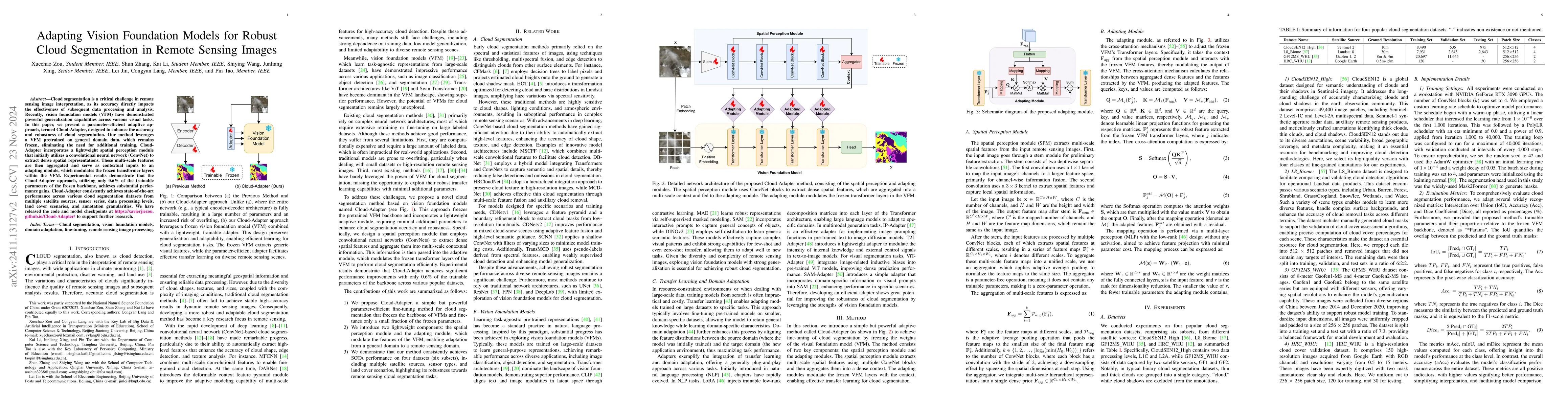 Thumbnail for Adapting Vision Foundation Models for Robust Cloud Segmentation in
  Remote Sensing Images