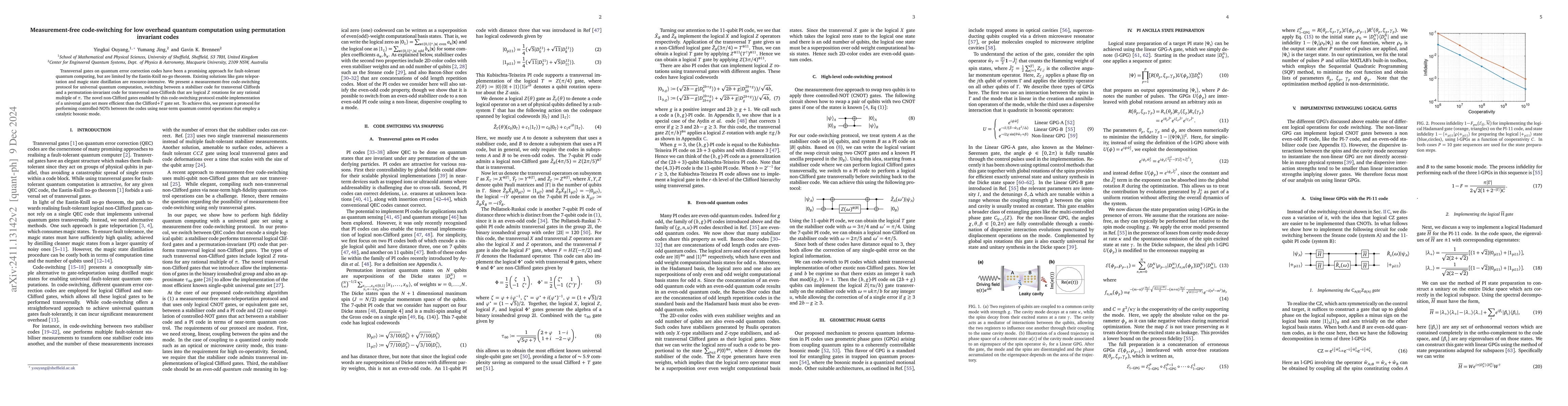Thumbnail for Measurement-free code-switching for low overhead quantum computation
  using permutation invariant codes