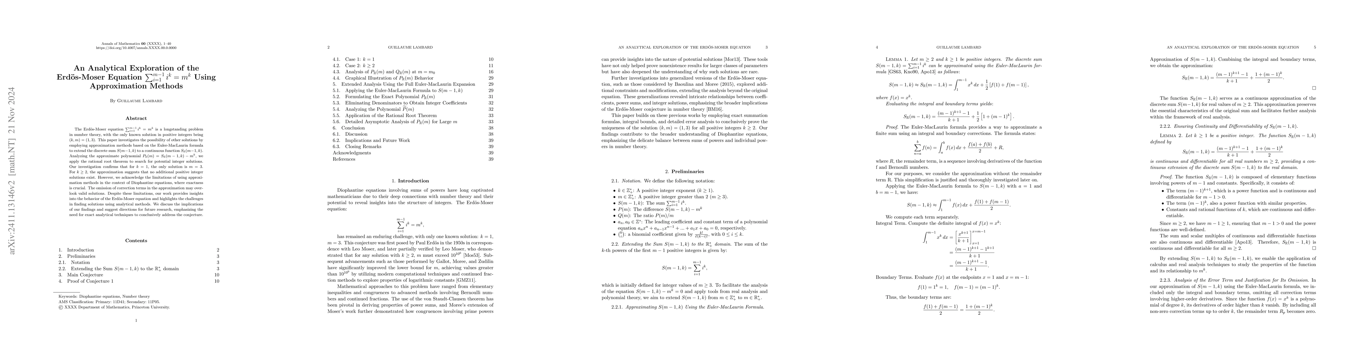 Thumbnail for An Analytical Exploration of the Erdös-Moser Equation $
  \sum_{i=1}^{m-1} i^k = m^k $ Using Approximation Methods