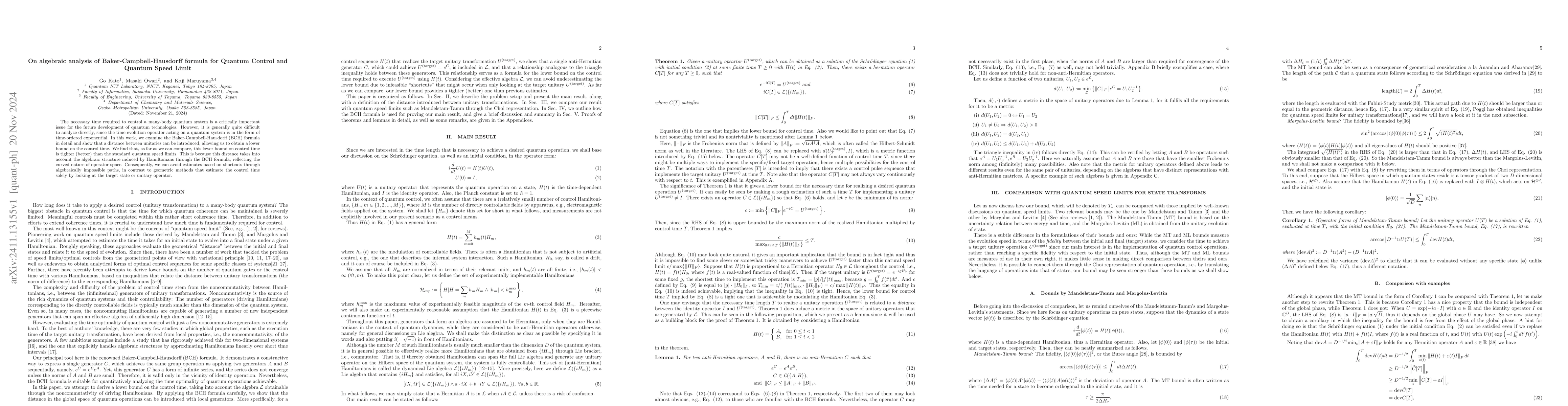 Thumbnail for On algebraic analysis of Baker-Campbell-Hausdorff formula for Quantum
  Control and Quantum Speed Limit