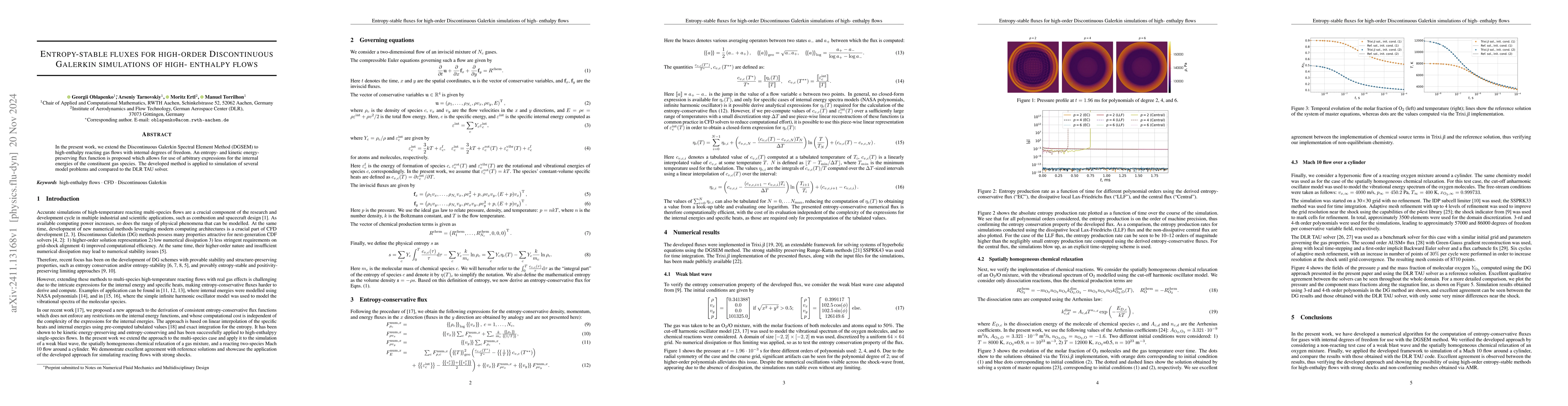 Thumbnail for Entropy-stable fluxes for high-order Discontinuous Galerkin simulations
  of high-enthalpy flows