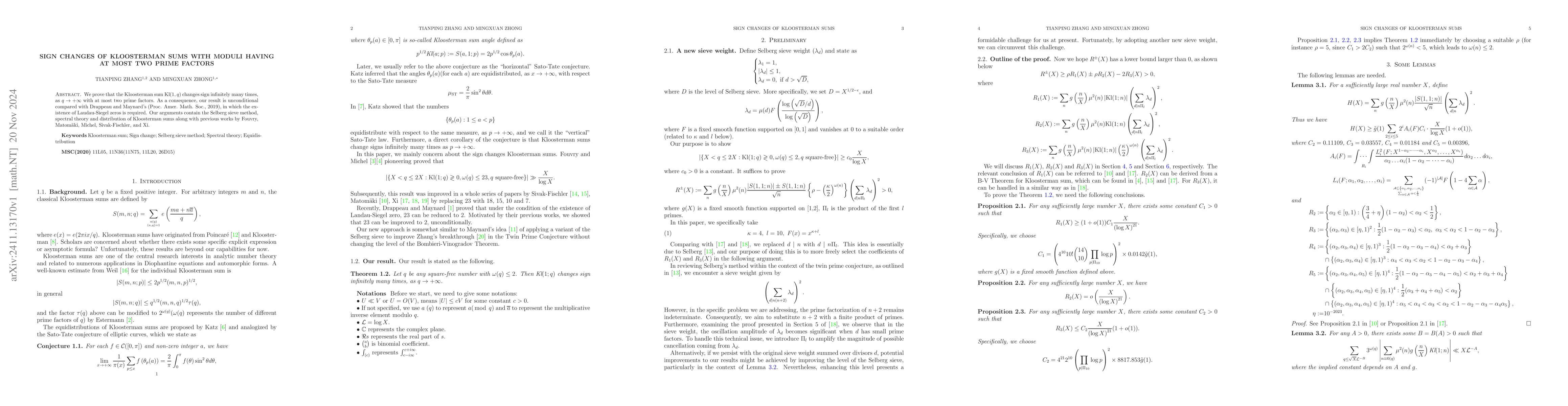 Thumbnail for Sign changes of Kloosterman sums with moduli having at most two prime
  factors