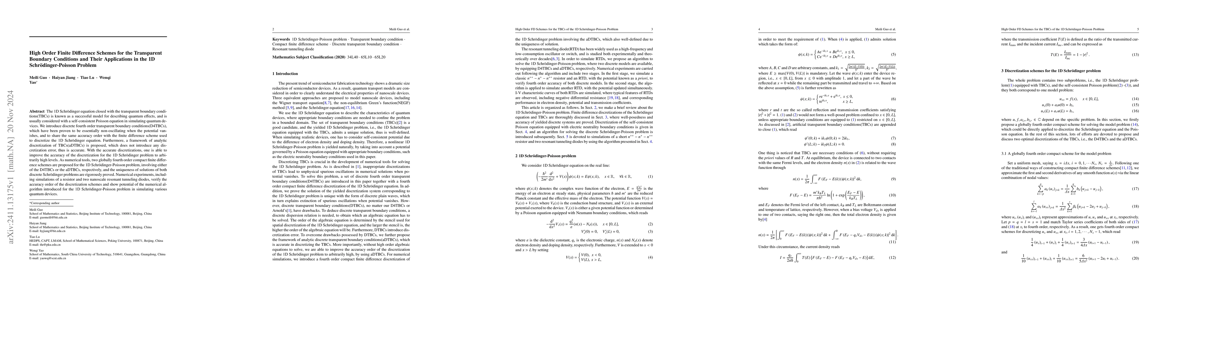 Thumbnail for High Order Finite Difference Schemes for the Transparent Boundary
  Conditions and Their Applications in the 1D Schrödinger-Poisson Problem
