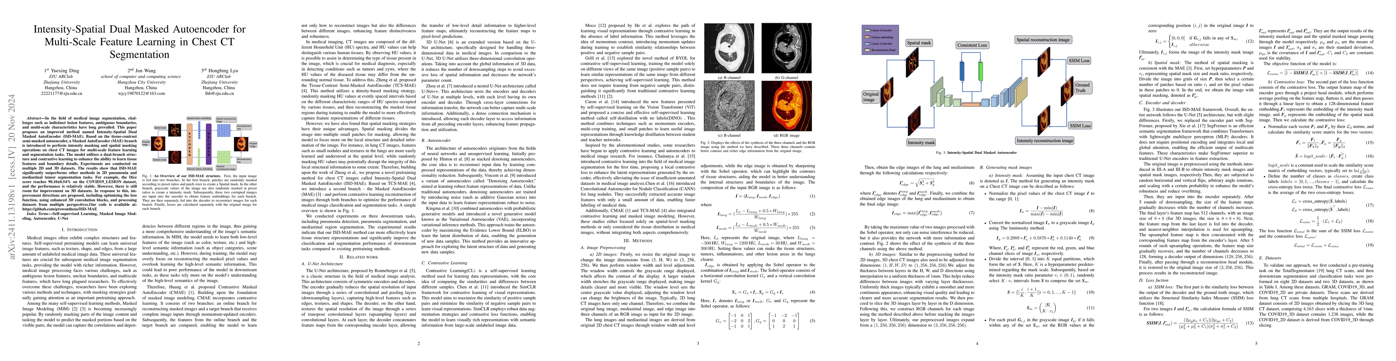 Thumbnail for Intensity-Spatial Dual Masked Autoencoder for Multi-Scale Feature
  Learning in Chest CT Segmentation