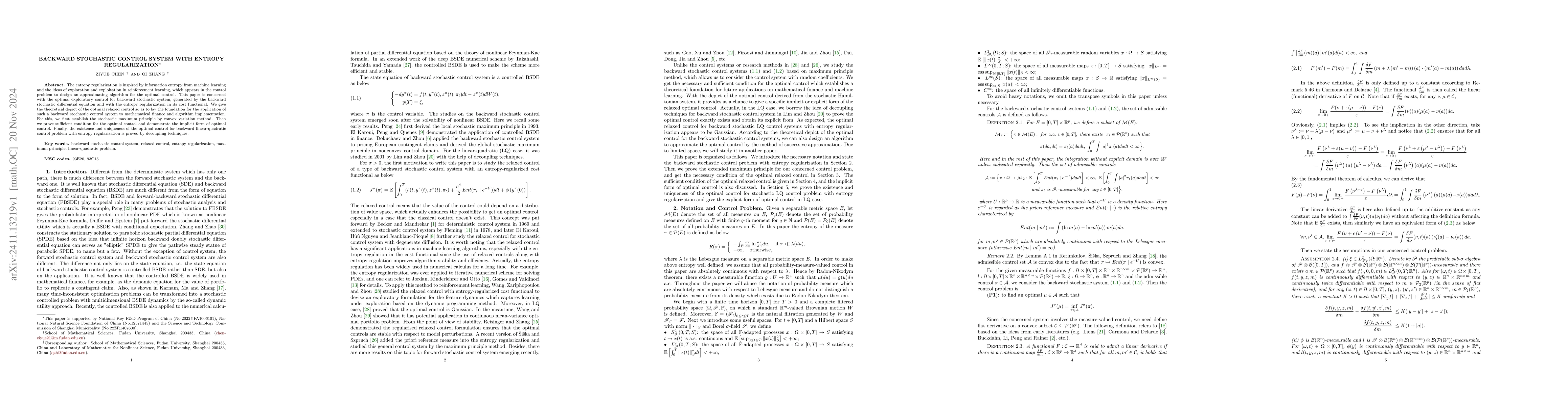 Thumbnail for Backward Stochastic Control System with Entropy Regularization