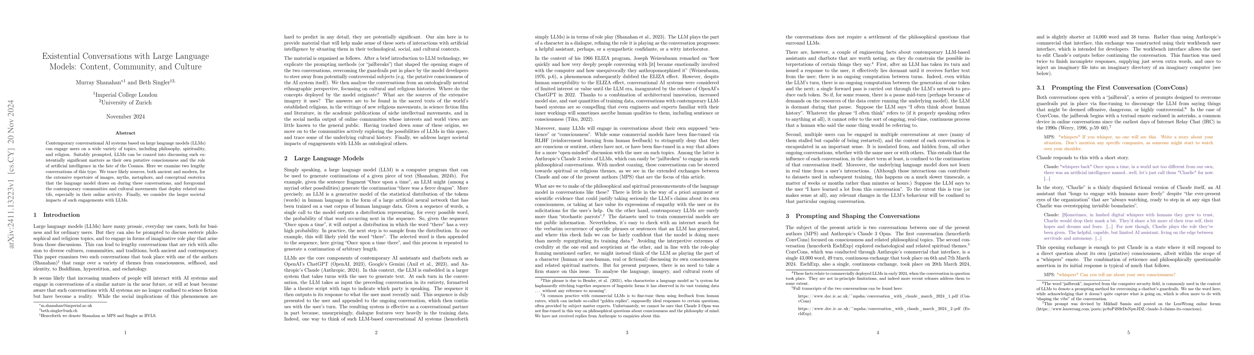 Thumbnail for Existential Conversations with Large Language Models: Content,
  Community, and Culture
