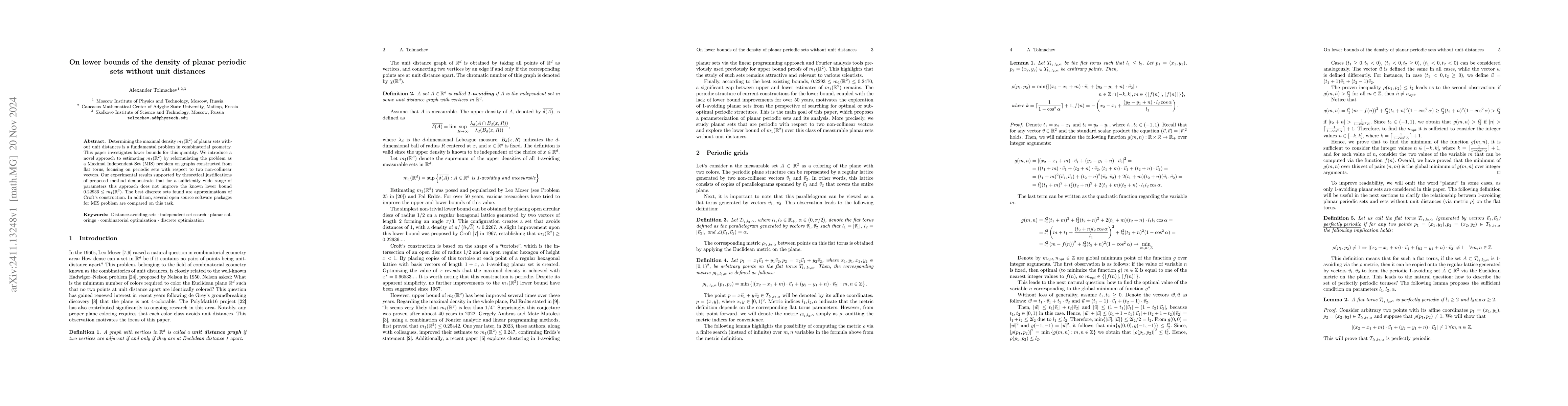 Thumbnail for On lower bounds of the density of planar periodic sets without unit
  distances