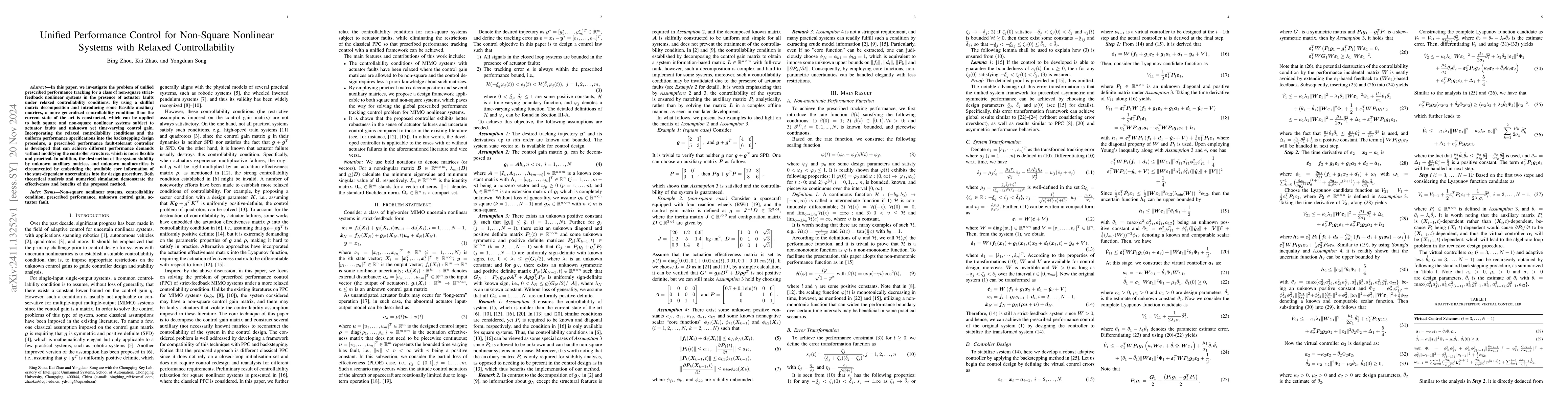 Thumbnail for Unified Performance Control for Non-Square Nonlinear Systems with
  Relaxed Controllability