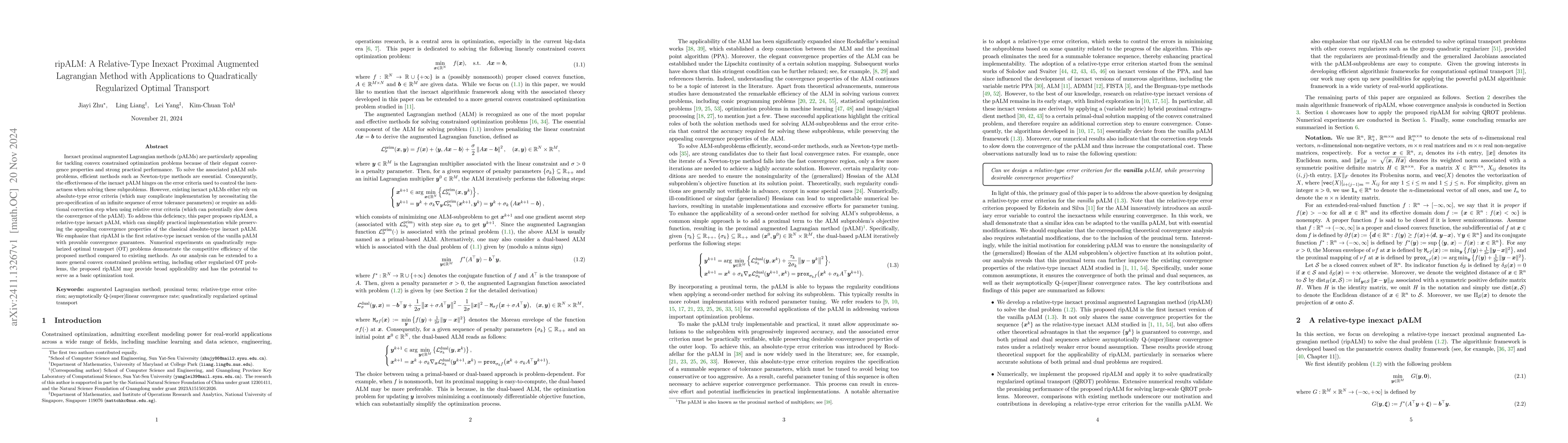 Thumbnail for ripALM: A Relative-Type Inexact Proximal Augmented Lagrangian Method
  with Applications to Quadratically Regularized Optimal Transport