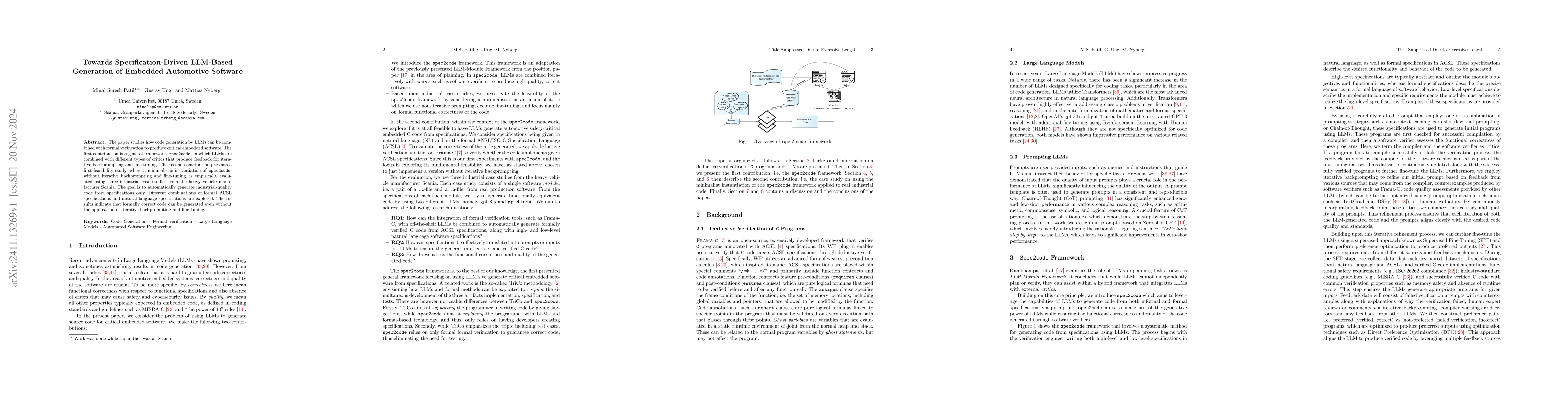 Thumbnail for Towards Specification-Driven LLM-Based Generation of Embedded Automotive
  Software