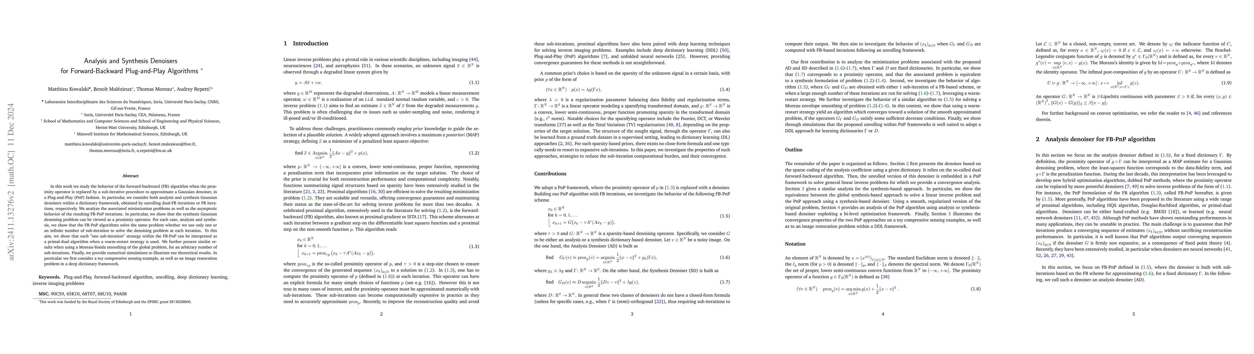 Thumbnail for Analysis and Synthesis Denoisers for Forward-Backward Plug-and-Play
  Algorithms