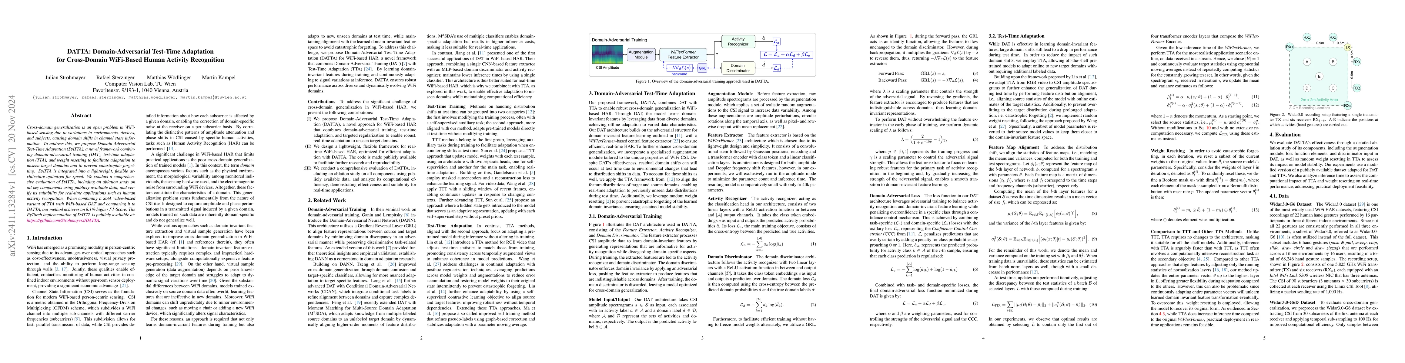 Thumbnail for DATTA: Domain-Adversarial Test-Time Adaptation for Cross-Domain
  WiFi-Based Human Activity Recognition