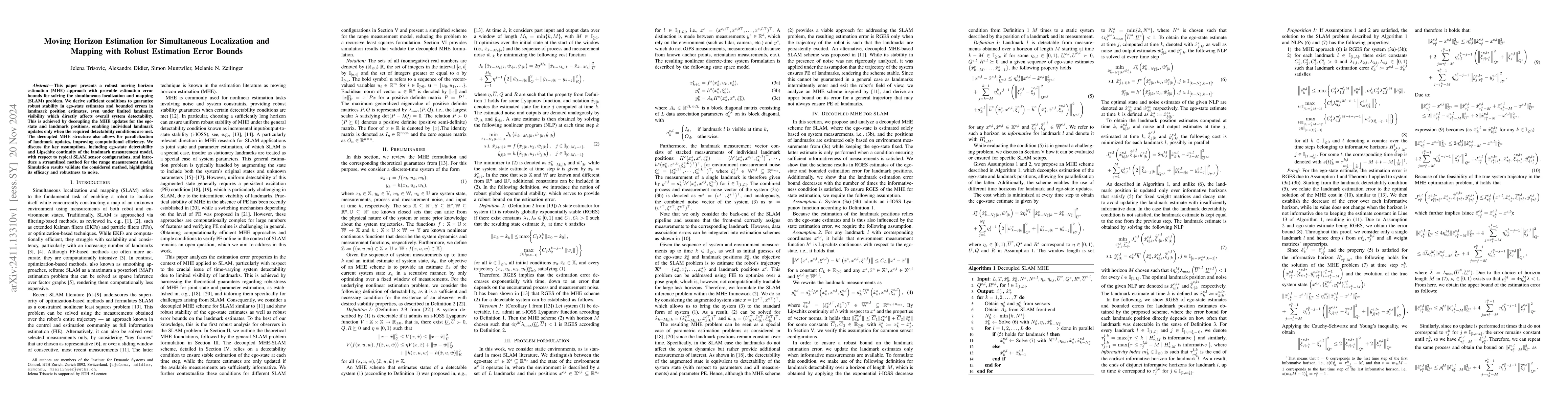 Thumbnail for Moving Horizon Estimation for Simultaneous Localization and Mapping with
  Robust Estimation Error Bounds