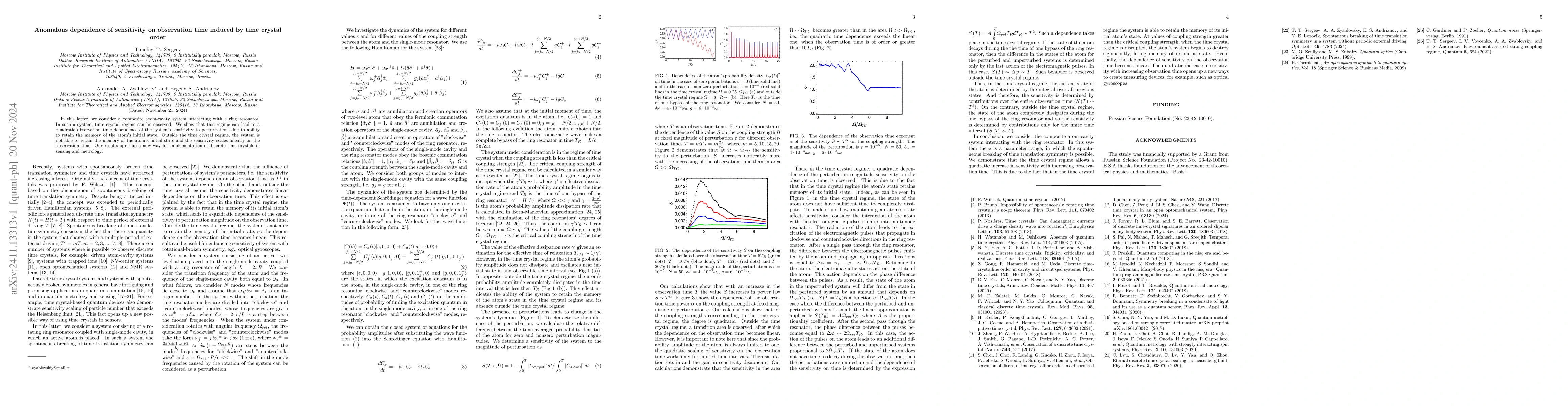 Thumbnail for Anomalous dependence of sensitivity on observation time induced by time
  crystal order