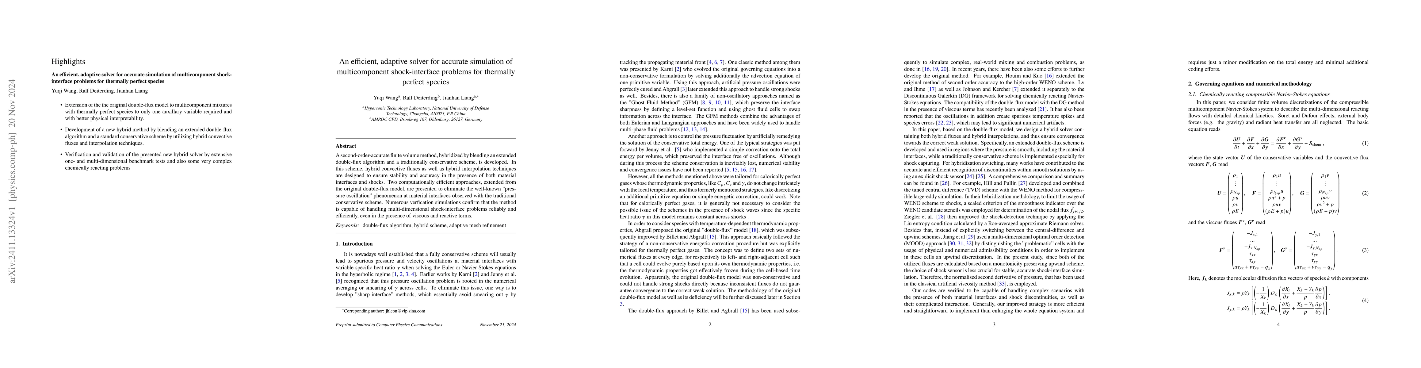 Thumbnail for An efficient, adaptive solver for accurate simulation of multicomponent
  shock-interface problems for thermally perfect species