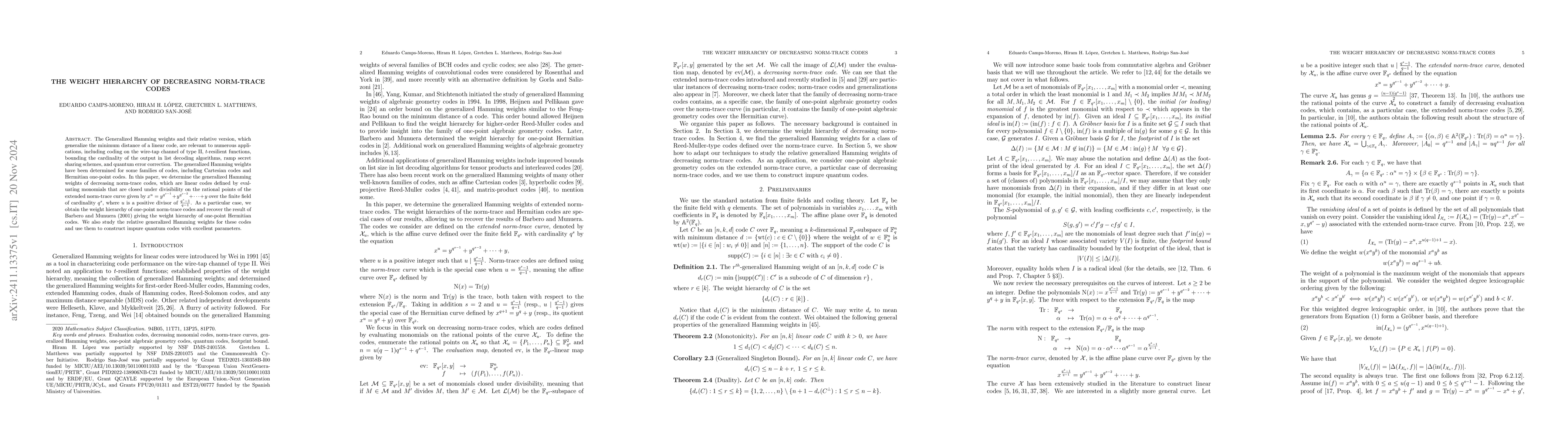 Thumbnail for The weight hierarchy of decreasing norm-trace codes
