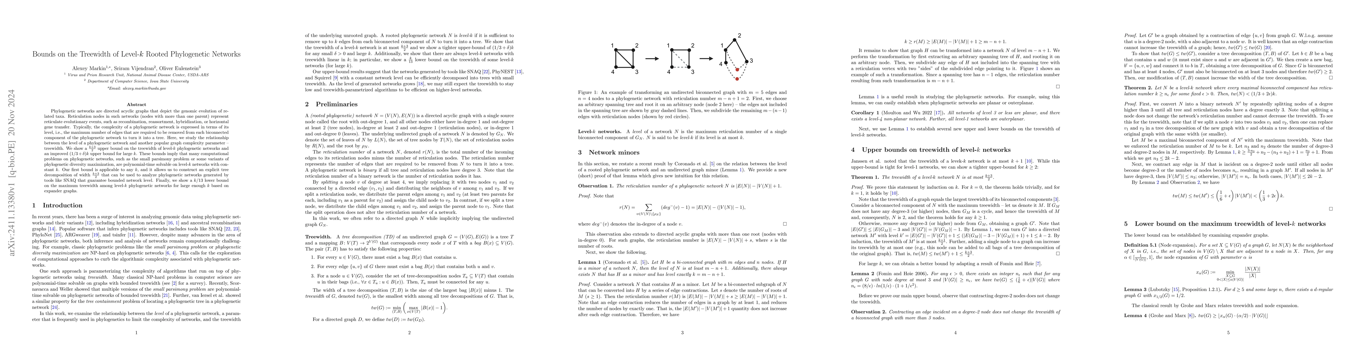 Thumbnail for Bounds on the Treewidth of Level-k Rooted Phylogenetic Networks