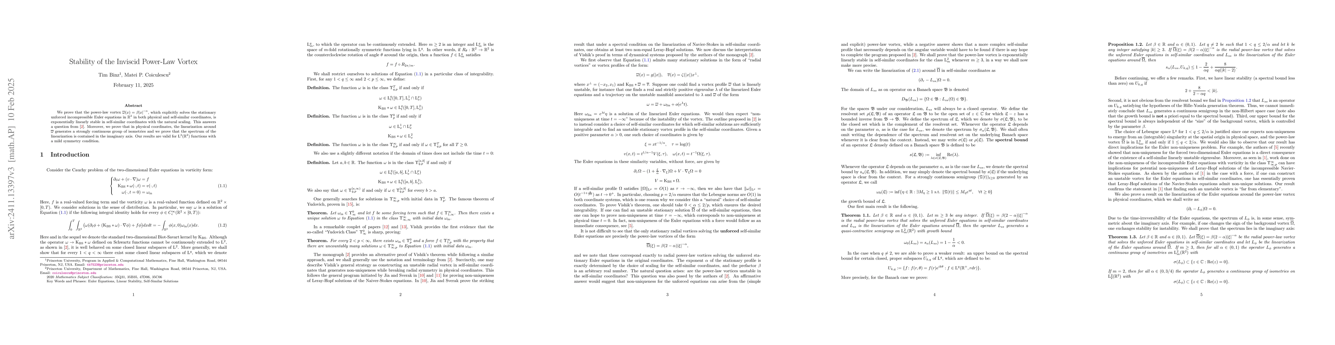 Thumbnail for Stability of the Inviscid Power-Law Vortex in Self-Similar Coordinates